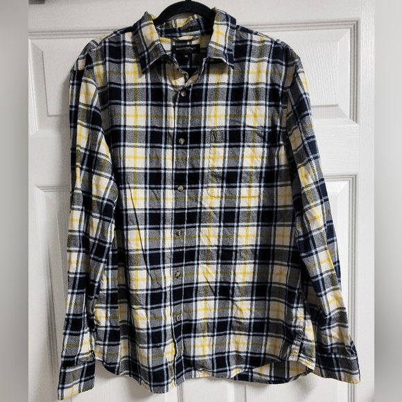 Banana Republic-Mens-Blue and Yellow Plaid Light Flannel Button Up Shirt-Size XL - Picture 1 of 4